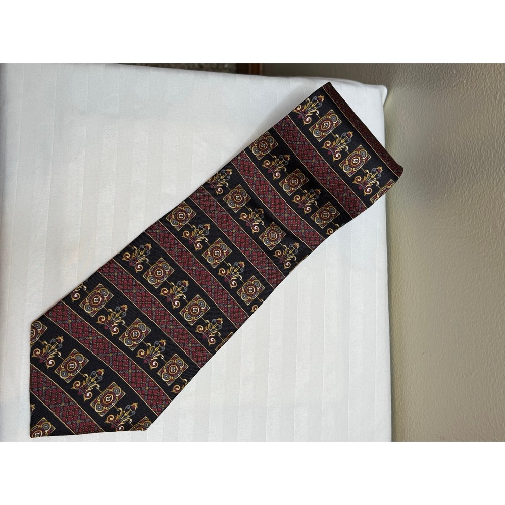 Oscar de la Renta Mens Silk Tie Medallion Lattice Burgundy Navy Gold Made in USA